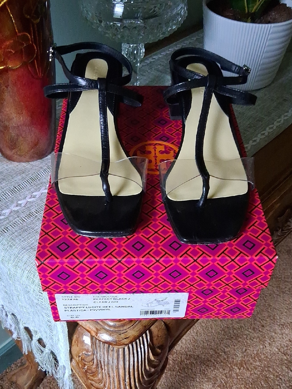 Tory Burch Black Patent T-Strap Block Heel Sandals with Clear Toe Strap